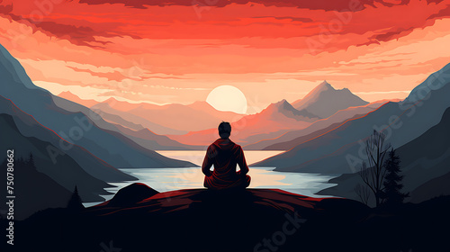 A vector representation of a person meditating on a mountaintop.
