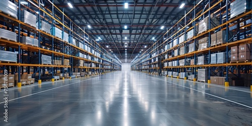 A vast warehouse space crammed with numerous metal shelves stacked with items, creating a maze-like structure filled with storage solutions. photo