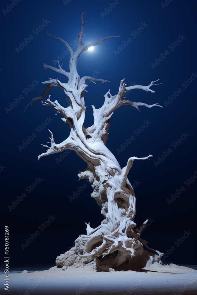 Naklejka premium a dead tree next to a blue sky, in the style of nightmarish creatures, light white and silver сreated with Generative Ai