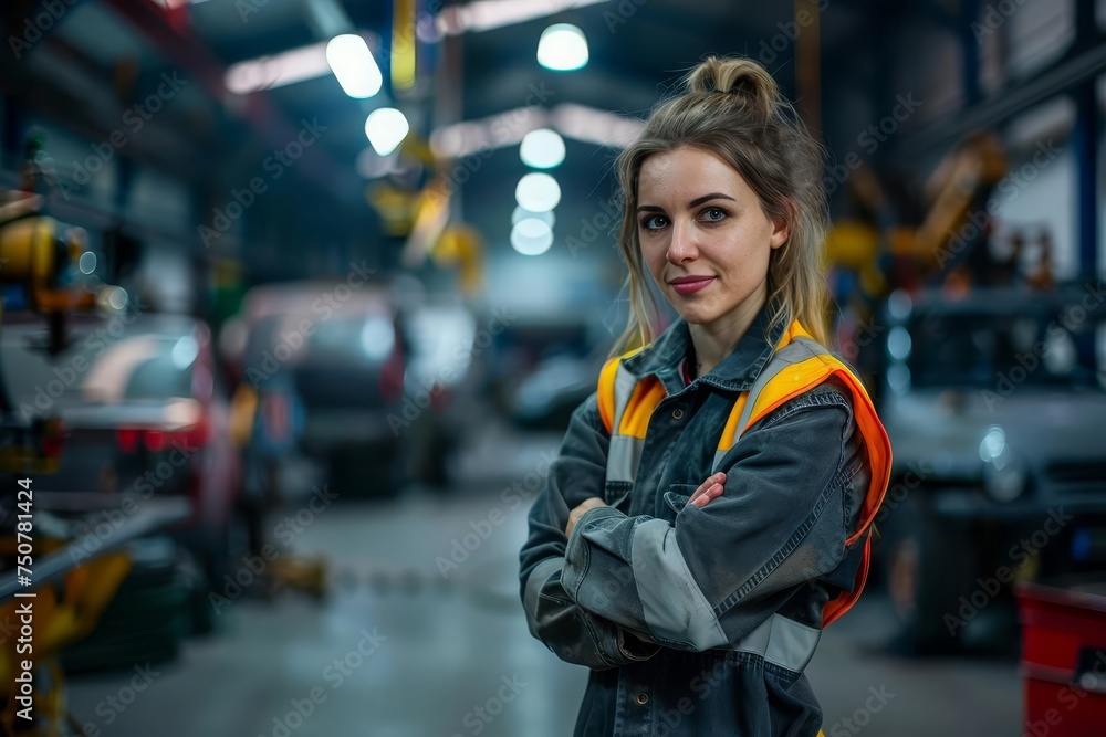 Professional female mechanic in a well-equipped auto repair shop Confidently standing with tools in hand Professional female mechanic in a well-equipped auto repair shop Confidently standing with tools in hand