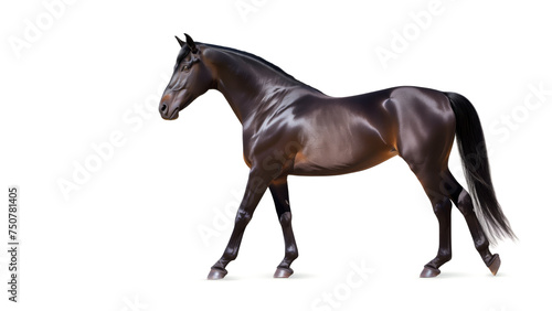 A black sports horse strides forward  isolated on a white background
