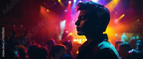 The Portrait in a silhouette double exposure. The Concert, a musician, is shown with intense color contrast, their face illuminated by vibrant stage lights, and their silhouette blending into a crowd