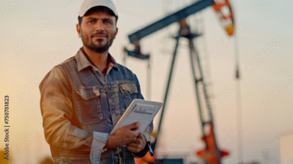 a man stands at an oil rig, holding a tablet and documents a man stands at an oil rig, holding a tablet and documents