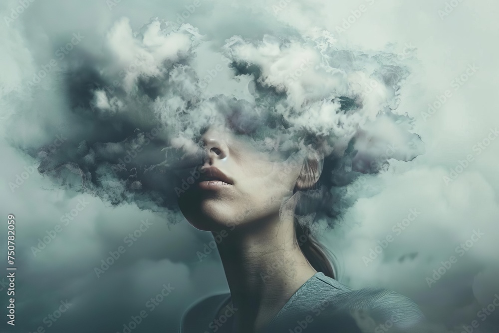 Woman Metaphorically With Her Head In The Clouds Depicting The woman-metaphorically-with-her-head-in-the-clouds-depicting-the