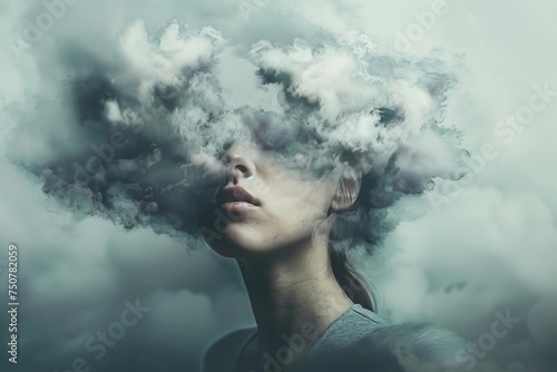 Woman metaphorically with her head in the clouds Depicting the challenges of mental health and the journey towards understanding photo