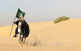 Saudi man in traditional clothing in the desert with a white horse, carrying a flag of Saudi Arabia