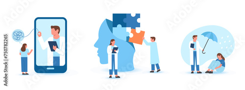 Mental health problems. Characters having consultation and therapy against mental diseases with doctors psychologist. Mental disorder concept. Flat cartoon vector illustration and icons set.