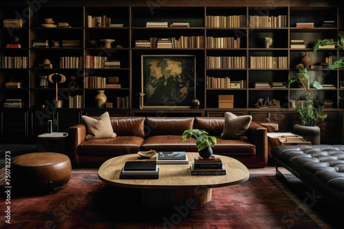 Coordinated living space showcasing a round wood coffee table, brown leather chair, ottoman, and sofa against a backdrop of floating shelves.