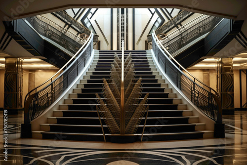 Art Deco staircase featuring geometric patterns, reminiscent of the Roaring Twenties.