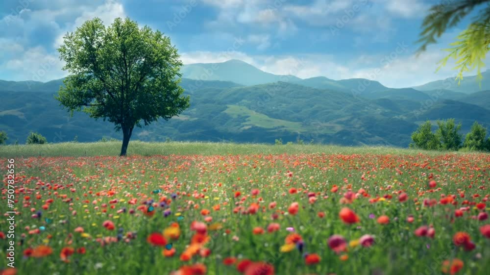 Field of wildflowers with butterflies and tree on mountains background. Seamless looping time-lapse 4k video animation background Field of wildflowers with butterflies and tree on mountains background. Seamless looping time-lapse 4k video animation background