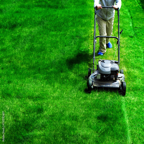 Mowing Lawn Grass Lush Green Landscaping Lawn Care photo