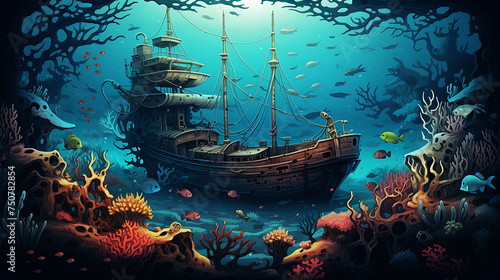 A vector representation of a sunken ship surrounded by marine life.