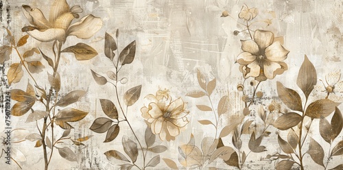 A painting on a wall depicting vibrant flowers and green leaves in a realistic style. The intricate details of the petals and foliage stand out against a solid background.