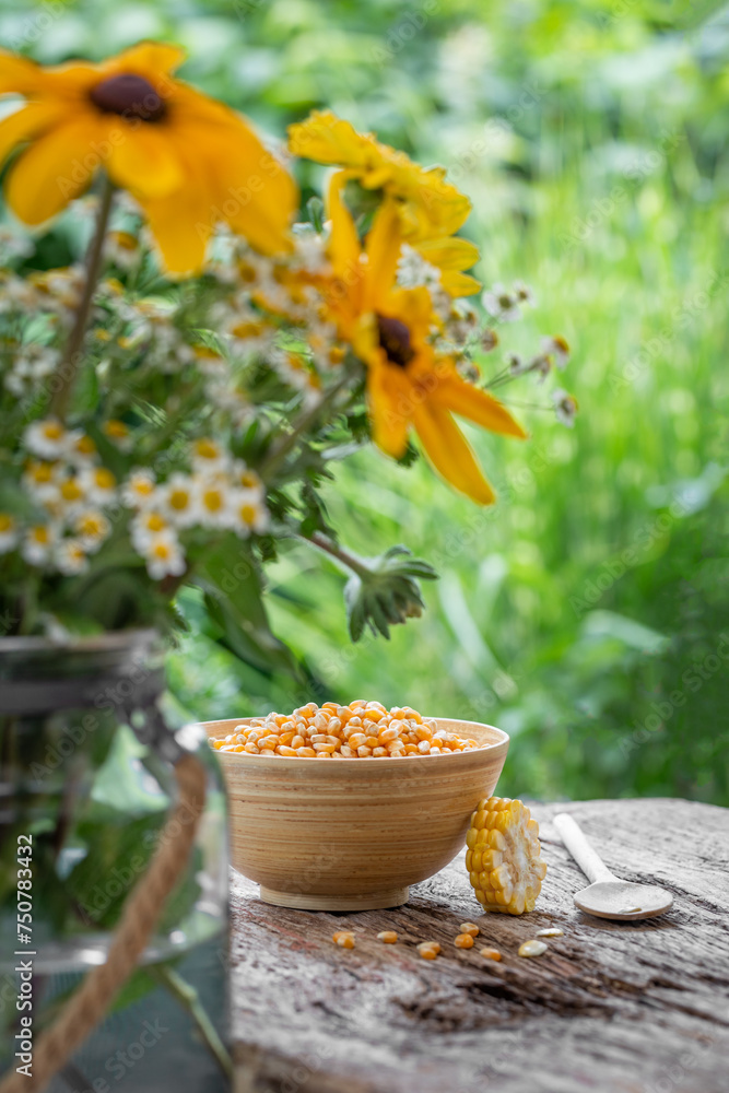 Ziarna kukurydzy w misce na drewnianym stole w ogrodzie. - obrazy, fototapety, plakaty 