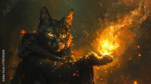 A feline mage its eyes glowing with eldritch fire casting a spell that brings a flickering flame to life the shadows dancing in the mystical light