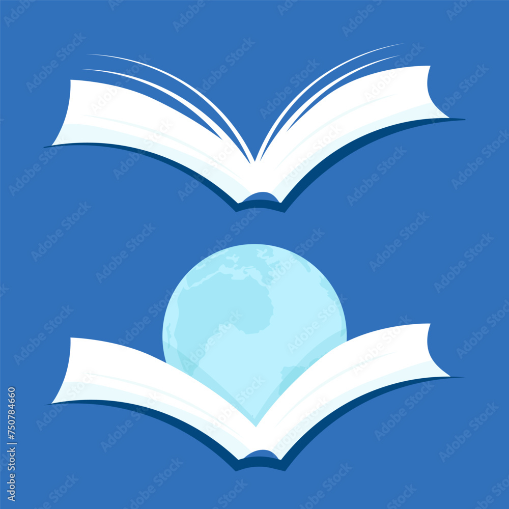 Set of open books with pages and planet