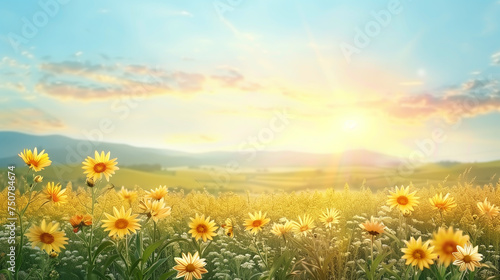 Sun flowers field with sky background 