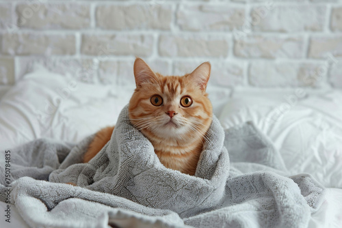 a beautiful fluffy cat after bathing, wrapped in a gray towel, lies on a white bed. Animal spa, pet care