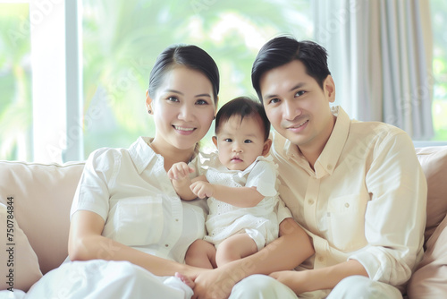 Asian family portrait with joyful and happiness at home own residence. © BizTex