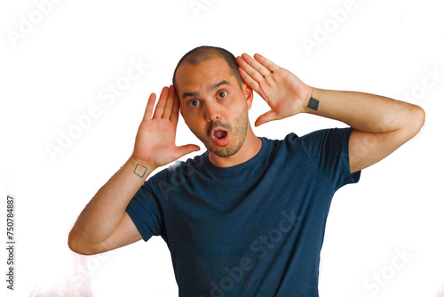 expressive bald man making hand gesture and surprised face