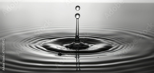 Monochrome close-up of a single droplet of water suspended in mid-air, reflecting the surroundings with pristine clarity.