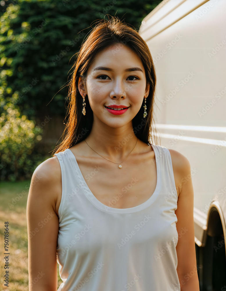 photo of beautiful asian woman with sunset light near truck, generative AI photo of beautiful asian woman with sunset light near truck, generative AI