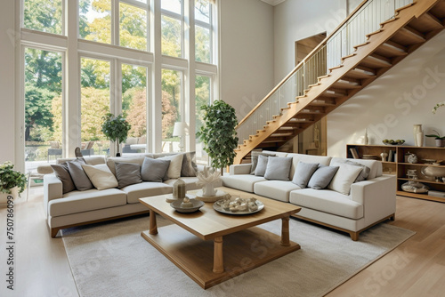 Living room with beige stairs  soft sofas  and a polished wood table bathed in natural light from the large windows.