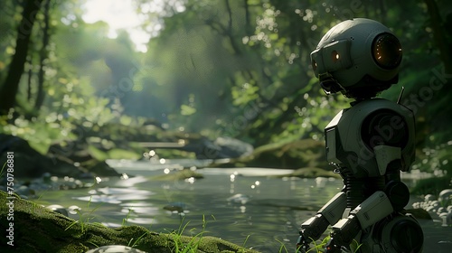 AI Robot want to crossing the river in the forest