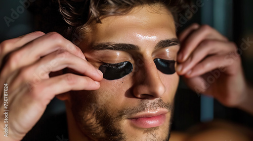 A young man applies black hydrogel patches to his eyes, illuminated by ambient light, highlighting his daily skin care routine. Soft masculinity, daily self-care, men's cosmetology