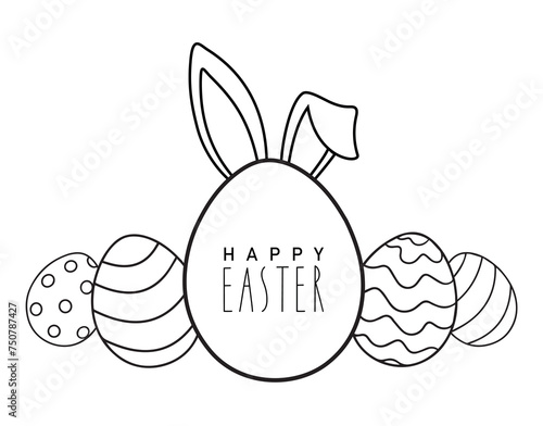 Happy easter vector illustration with lettering,easter eggs and easter bunny`s ears, black outline design isolated on white background,template for coloring book,banner,greeting card,background