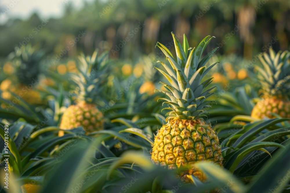 Pineapples growing in sunlit tropical field. Pineapples growing in sunlit tropical field.