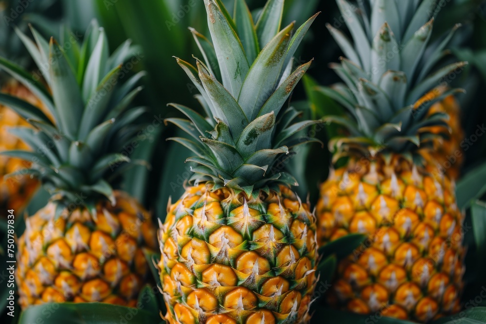 Pineapples growing in sunlit tropical field. Pineapples growing in sunlit tropical field.