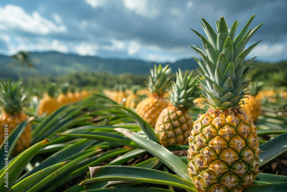 Pineapples growing in sunlit tropical field. Pineapples growing in sunlit tropical field.