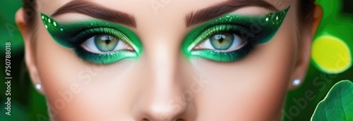 Close-up of a beautiful woman with creative makeup with green sequins, a large leaf of clover on the side, green eyes. St. Patrick's Day, an Irish holiday. Banner.