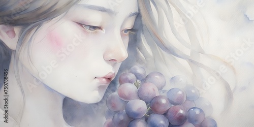 a girl eats grapes, watercolor paints, abstract drawing photo