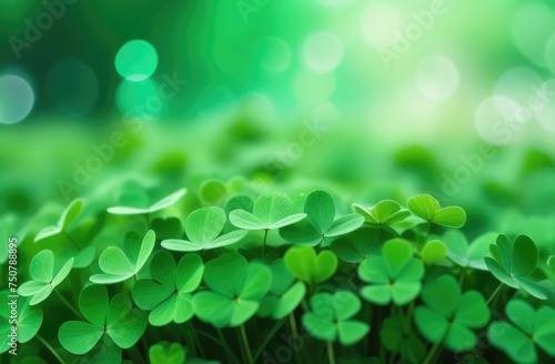 Clover leaves on green blurred background. St Patrick Day holiday symbol. Background for banner, card, invitation. Cope space. Place for text.
