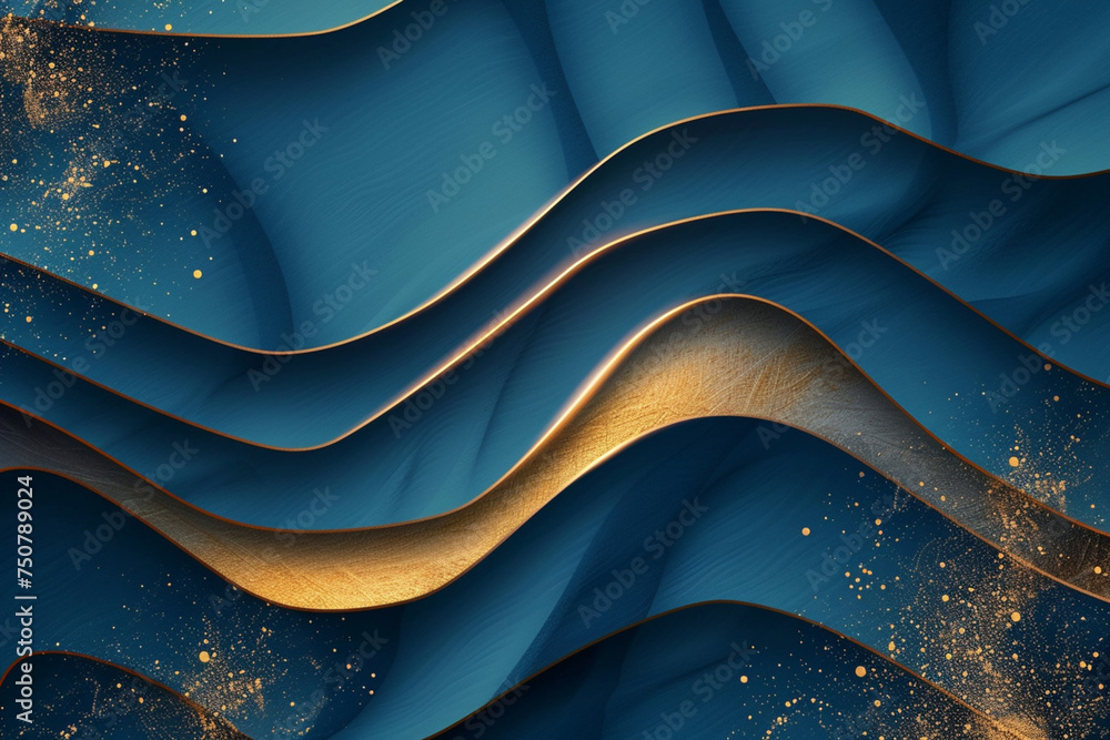 Blue wavy background with golden lines. 3d rendering 3d illustration. banner with golden abstract layers on blue Blue wavy background with golden lines. 3d rendering 3d illustration. banner with golden abstract layers on blue