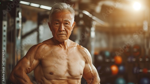 fit senior asian man showing his muscle in the gym, senior bodybuilder.