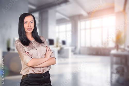 Happy confident professional business woman posing in office Free Download Happy confident professional business woman posing in office - GFXLoad
