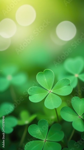 Clover leaves on green blurred background. St Patrick Day holiday symbol. Background for banner, card, invitation. Cope space. Place for text.