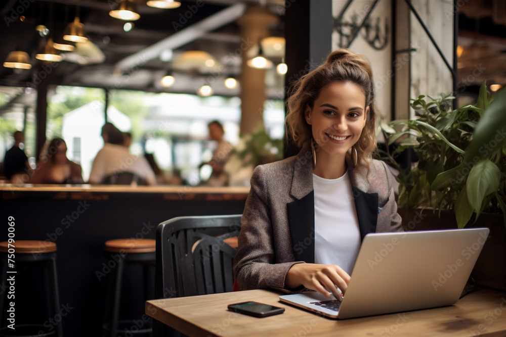 Woman working on laptop in Caffe Woman working on laptop in Caffe