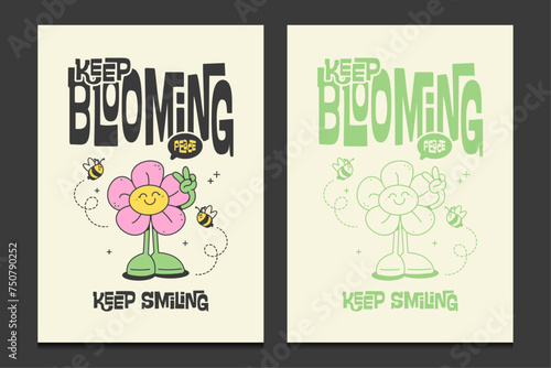 retro flower posters with cute cartoon characters, vector illustration 