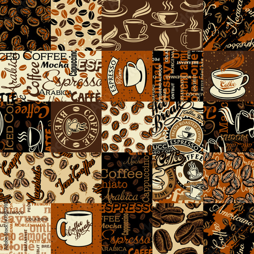 Coffee beans cups and  mag  typography lettering patchwork wallpaper abstract vintage vector seamless pattern for fabric wrapping card print paper tablecloth pillow photo