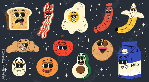 Collection of trendy sticker with cartoon food characters. Set of retro groovy different eggs characters, doodle smiley face. Vector groovy illustration for design
