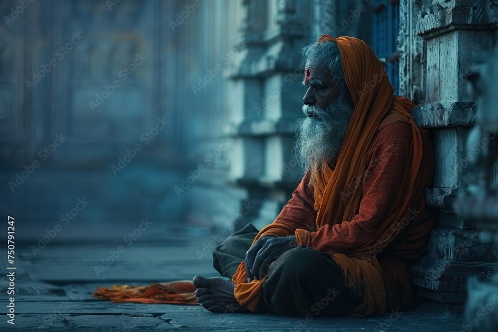 An elderly Indian man with a pitiful expression begging for help from poverty with a sad and hopeless expression - obrazy, fototapety, plakaty 