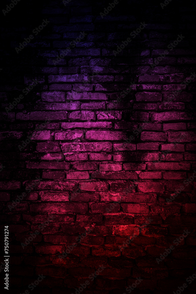 Vertical Neon light on brick walls that are not plastered background and texture. Lighting effect red and blue neon background of empty brick basement wall. Vertical Neon light on brick walls that are not plastered background and texture. Lighting effect red and blue neon background of empty brick basement wall.