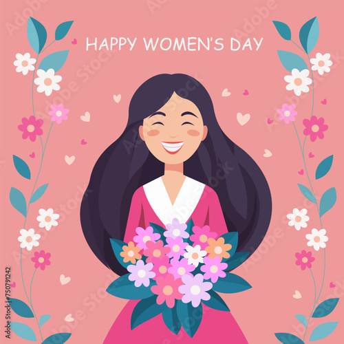 International women's day. Girl with a bouquet of flowers. Greeting card. Flat vector illustration