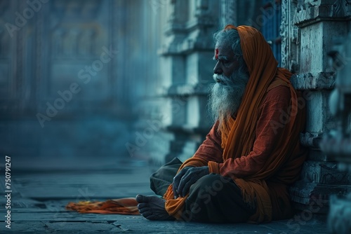An elderly Indian man with a pitiful expression begging for help from poverty with a sad and hopeless expression photo