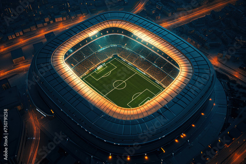 Aerial view of illuminated soccer stadium with city lights in the background at night