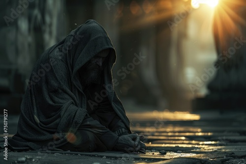 An elderly Indian man with a pitiful expression begging for help from poverty with a sad and hopeless expression